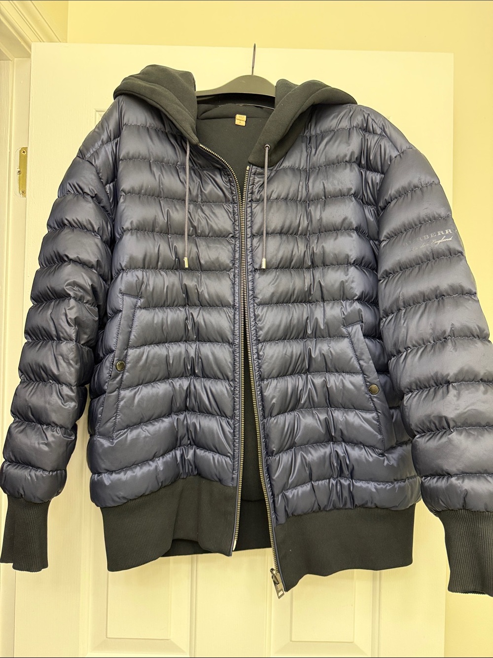 Burberry Navy Quilted Bomber Jacket with Black Hood